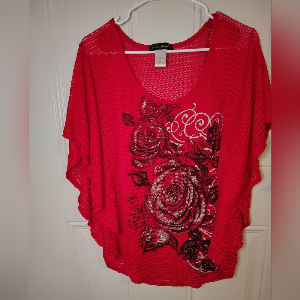 French Atmosphere Size 1x Women's Rose, Netting, Off The Shoulder Drapey Top
